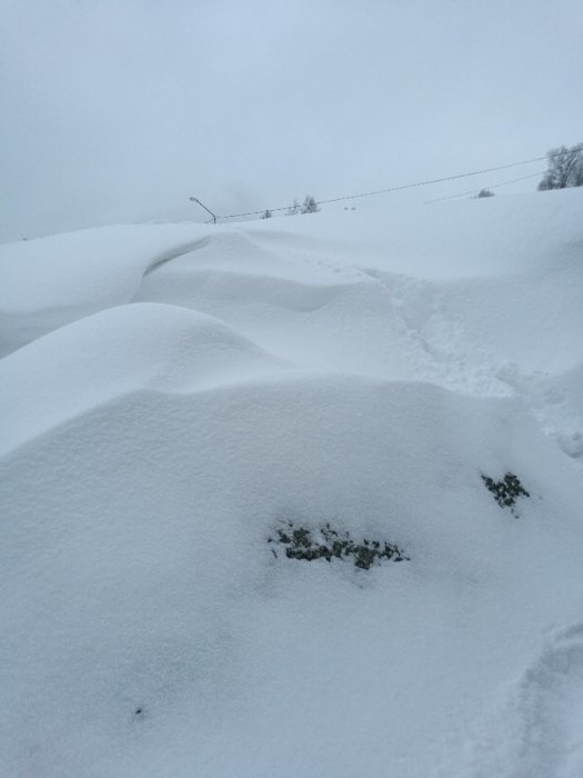 Vinterlandskap med snötäckta backar och subtila spår efter snöröjning.