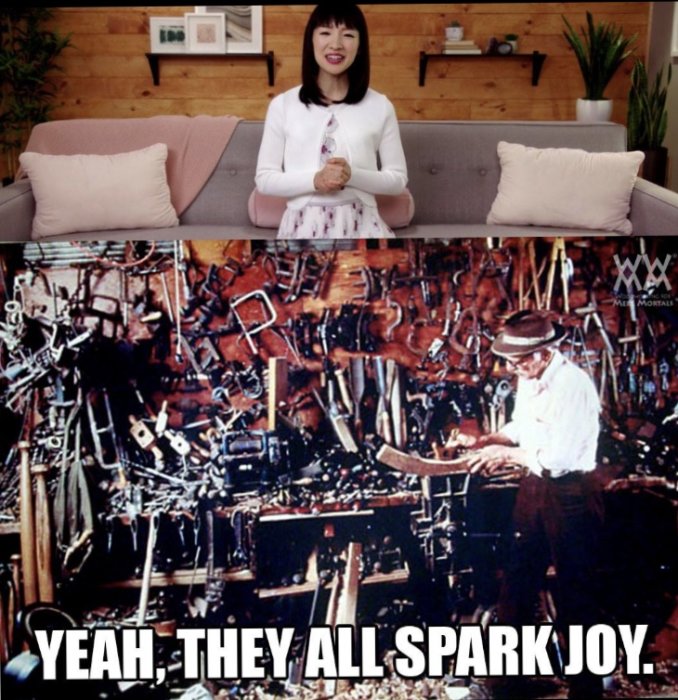 Kollage av en leende kvinna och en verkstad överfull med verktyg, med texten "Yeah, they all spark joy".