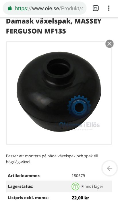 Svart gummidamask för växelspak till Massey Ferguson MF135, skyddar mot vatteninträngning.