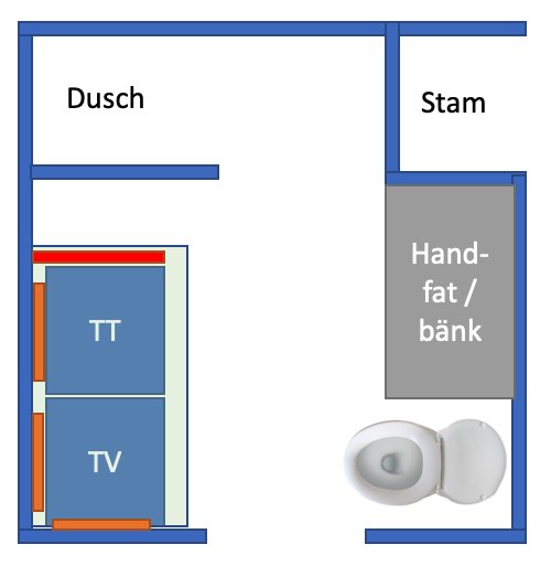 Illustrativ planritning av ett badrum med indikationer för tvättmaskin, torktumlare och bänkskiva.