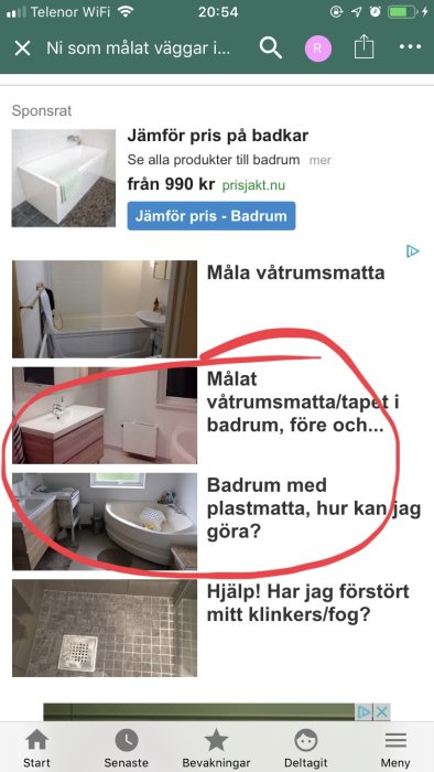 Skärmdump av forumtrådar om badrumsrenovering med bilder på olika badrum.