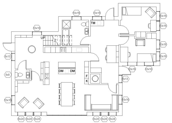 Ritning av ett hus med möbler i form av schematiska ikoner som representerar sängar, soffor och bord.