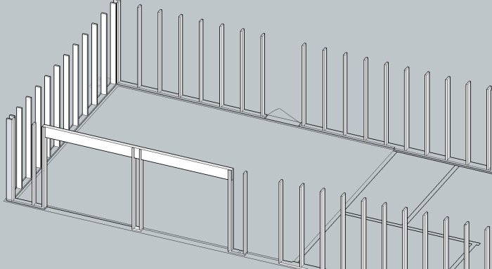 3D-modell av en vidbyggd garagestomme med regelverk och utrymme för två garageportar.