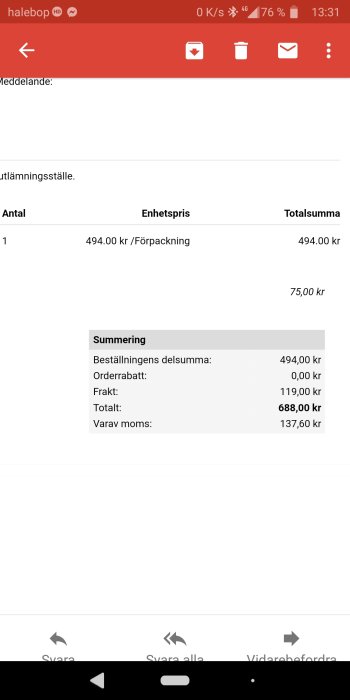 Skärmbild av en orderbekräftelse med prisdetaljer för en cirkellaser, totalpris 688 kr inklusive frakt.