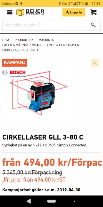 Skärmbild av Beijer Bygg webbplats som visar en Bosch cirkellaser GLL 3-80 C med kampanjpris.