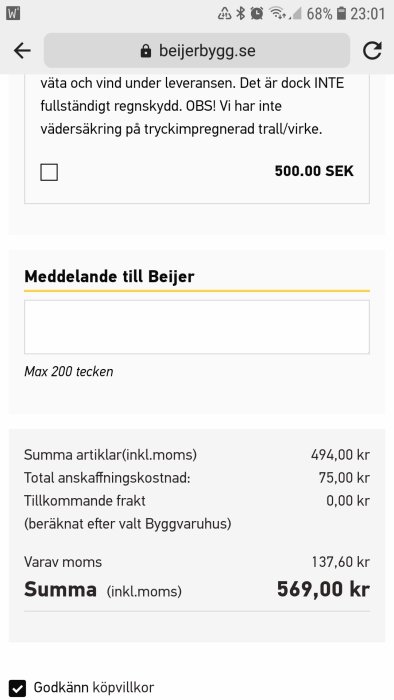 Skärmdump av onlineorder från beijerbygg.se med summa på 569,00 SEK och meddelandefält.