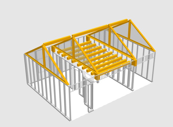 3D-ritning av ett golvbjälklag med fyra takstolar, där två är förhöjda, i ett husstommeskelett.