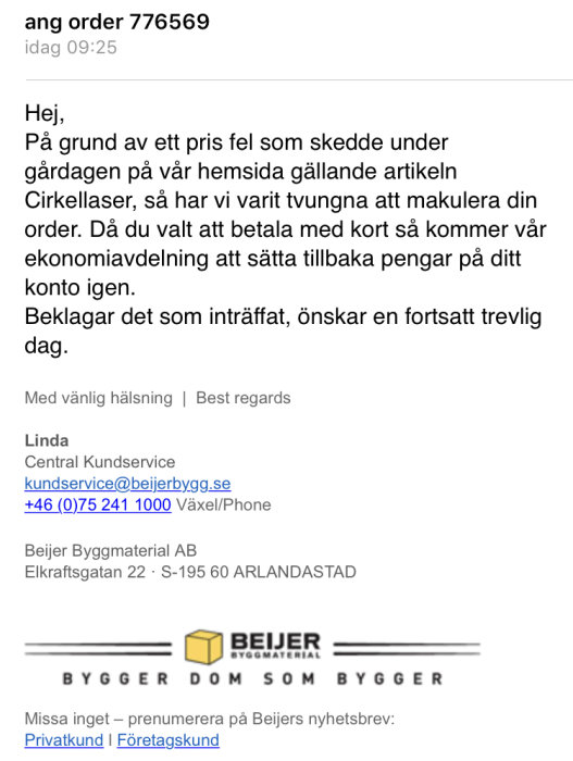 Skärmdump av e-post från Beijer Byggmaterial om makulerad order på grund av prisfel.