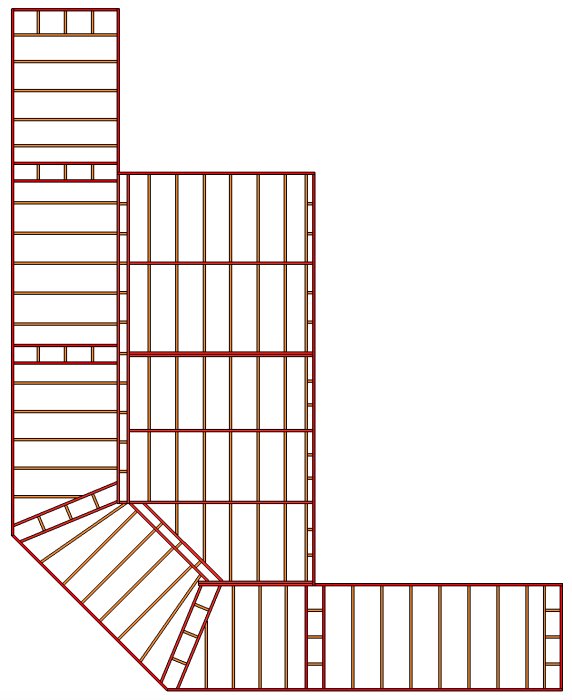 SketchUp-design av däcklayout med bärlinor i rött, skruvreglar i orange, frisar i cyan och trall i vitt.