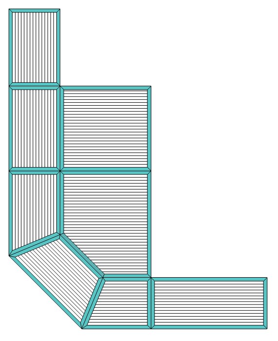 3D-SketchUp-layout med bärlina i rött, skruvreglar i orange, fris i cyan och trall i vitt.