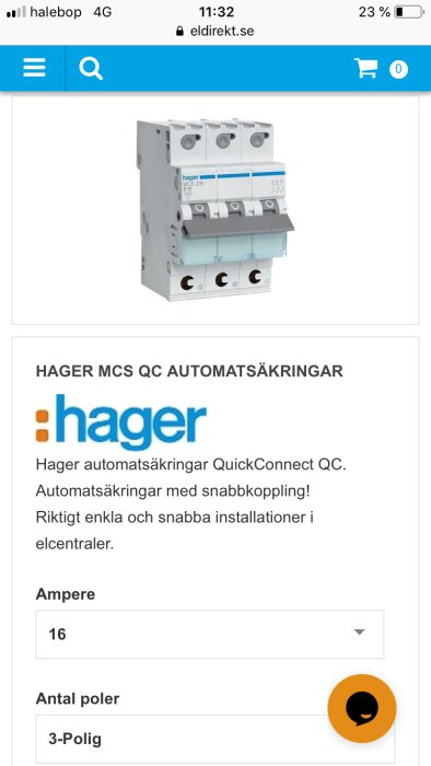 3-polig Hager automatsäkring för elcentral, 16 ampere, för hushållsbruk med snabbkoppling.