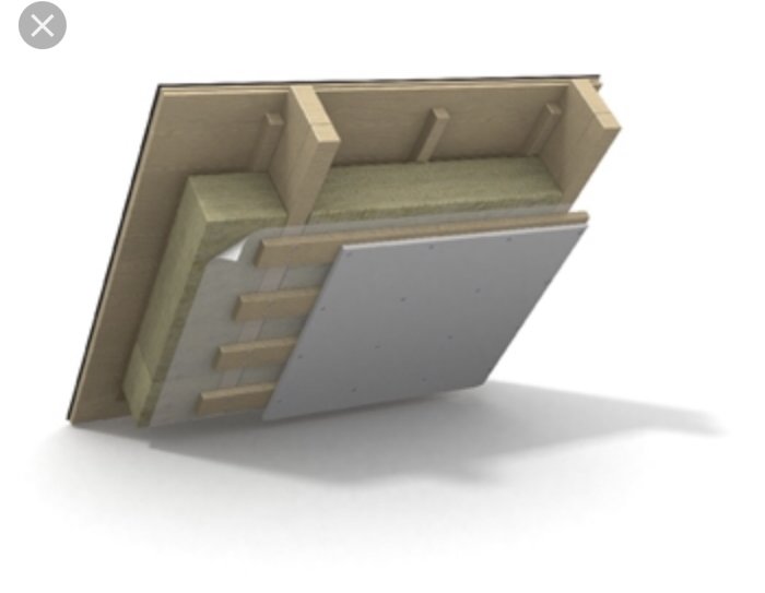 3D-modell av takkonstruktion med isolering och träbalkar, visar anslutningen till en vägg.