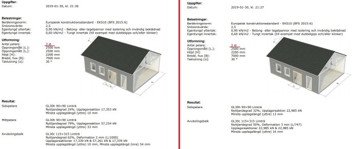 Två tekniska ritningar av garage med specifikationer för pelare och armering.