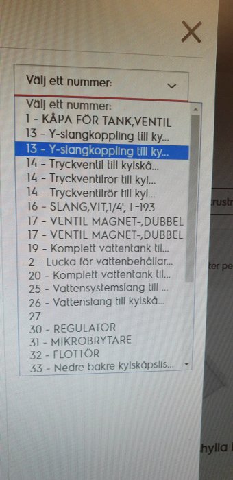 Datorgränssnitt som visar en lista med numrerade delar, nummer 14 markerat som potentiell difftrycksgivare.