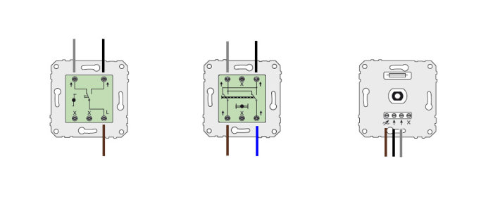 Schematiska diagram som visar tre olika kopplingsvarianter för elinstallation, möjlig anslutning för en Shelly1-enhet.