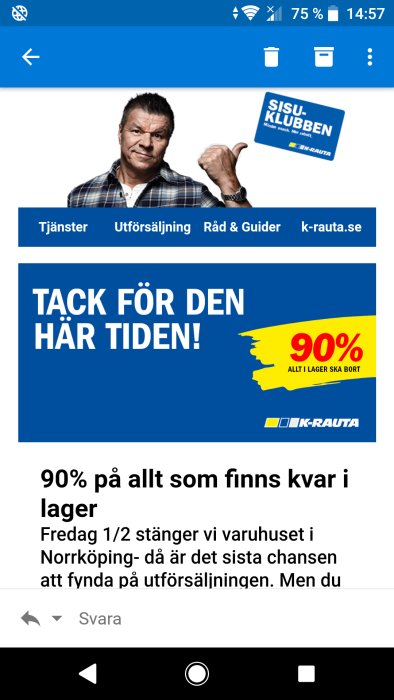 Skärmbild av en annons för utförsäljning med texten "TACK FÖR DEN HÄR TIDEN! 90% ALT I LAGER SKA BORT