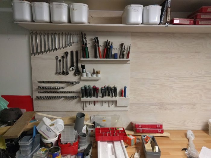 Väggmonterad verktygstavla med organiserade skiftnycklar, skruvmejslar och tänger i en verkstad.