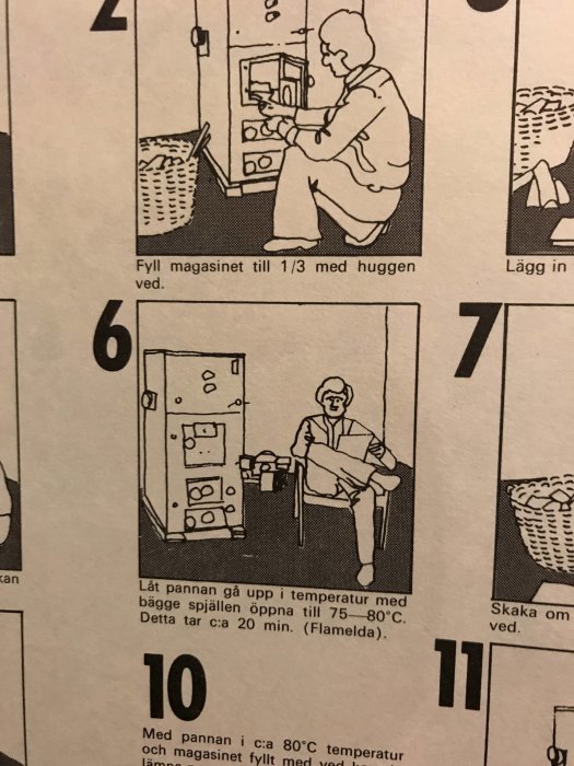 Illustration av en person som sitter avslappnad i en stol med en öppen eldstad bredvid sig.