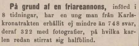Gammal tidningsartikel om en man som fick 748 svar, varav 322 med foton, på sin kontaktannons.