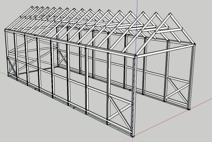 3D-ritning på en tälthallskonstruktion av trä för båtförvaring.