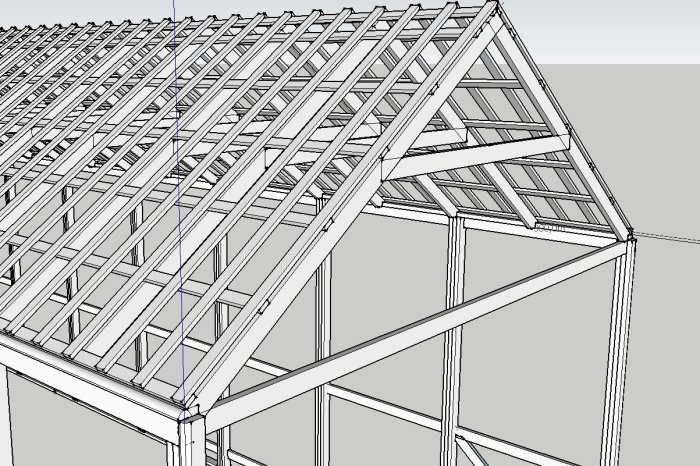 3D-ritning av en träkonstruktion för en tälthall avsedd att skydda en båt.