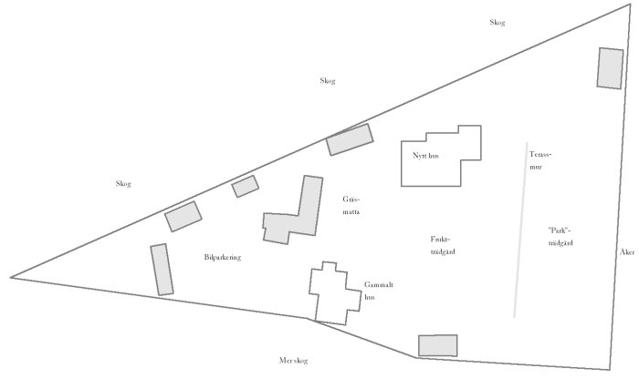Tomtkarta som visar nytt hus, gammalt hus, uthus, bilparkering, trädgård och terrassmur på en 8000 kvm tomt.