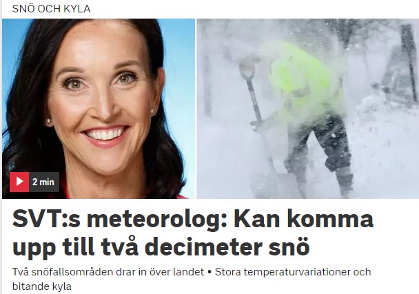 Leende meteorolog intill bild av person som skottar i kraftigt snöfall, rubrik om prognos för snö och kyla.