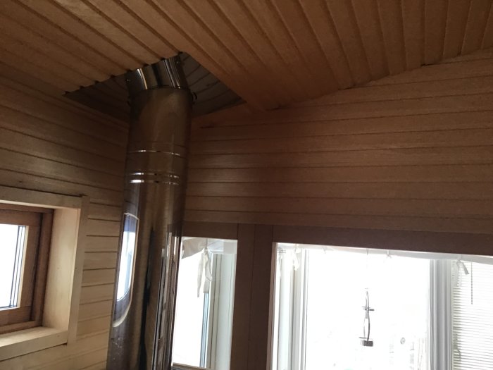 Interiör av bastu med lutande tak, fönsterväggar och metallrör för ventilation.