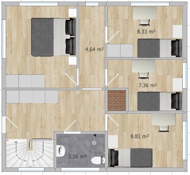 Övervåningsplanritning som visar fyra sovrum, med kvadratmeterangivelser och en centralt belägen spiraltrappa.