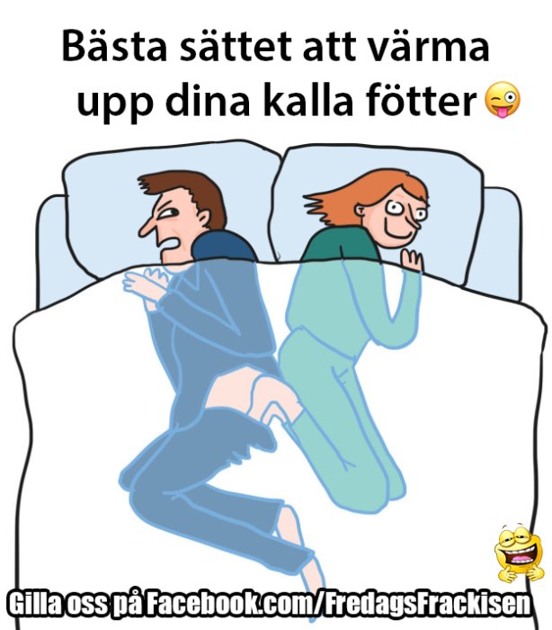 Illustration av en kvinna som värmer sina kalla fötter mot en mans rygg i sängen med texten "Bästa sättet att värma upp dina kalla fötter".