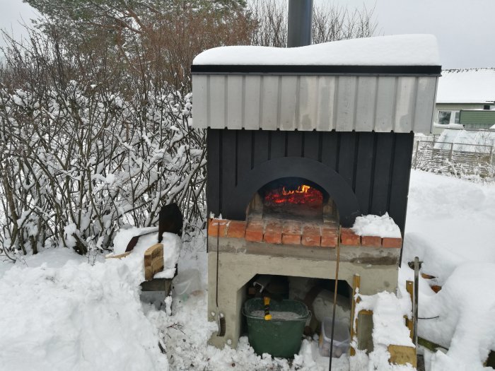 Utomhuspizzaugn täckt av snö i trädgård med glödande eld inne, omgiven av snötäckt landskap.