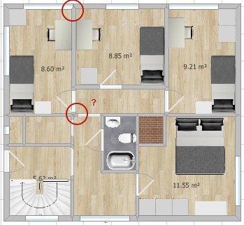 Översiktlig planritning av ett hus med markerade rum, möblering och måttangivelser.