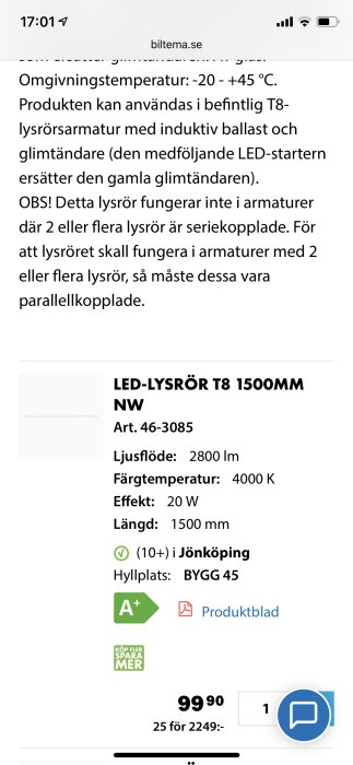 Skärmdump från en webbsida som visar en LED-lysrör T8 NW produktbeskrivning med specifikationer inklusive ljusflöde, färgtemperatur och effekt.