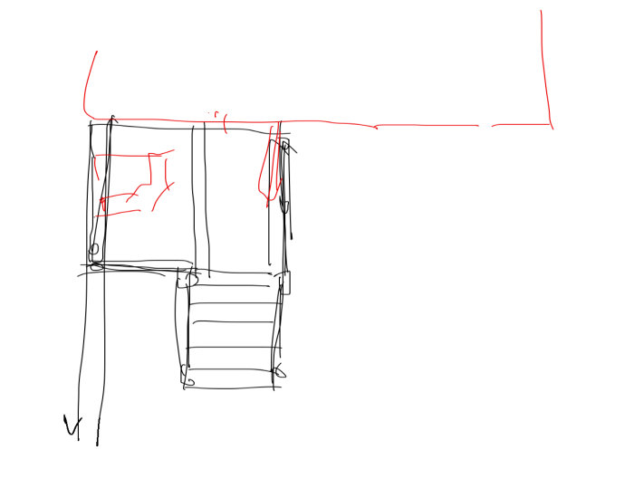 Ritad skiss av loftinredning med fikarum, toa, kontor och lagerbänk.