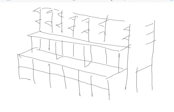 Handritad skiss av inredningsförslag med lagerbänk och flera nivåer för ett loft.