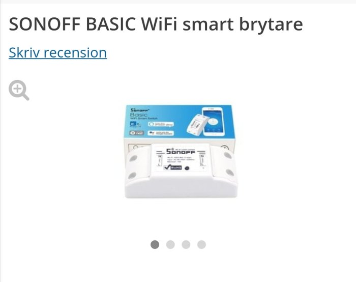 Förpackningen för SONOFF BASIC WiFi smart brytare med bild på brytaren och mobilapp-ikonen.