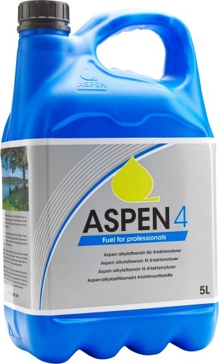 En 5-liters dunk med Aspen 4 alkylatbensin för 4-taktsmotorer, avsedd för professionellt bruk.