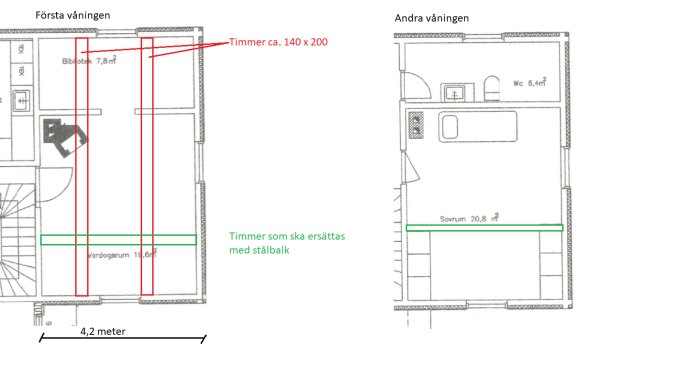 Husritningar visar en timmervägg som ska ersättas med stålbalk markerad i rött och grönt på första och andra våningen.