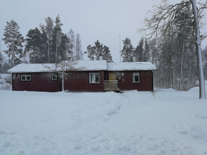 Röd sommarstuga med nyligen skottat tak omgivet av djup snö och träd i vinterskog.