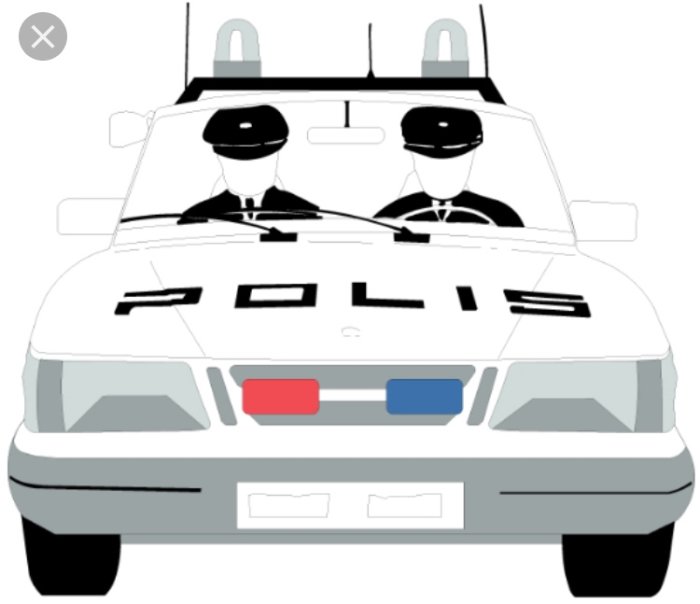 Illustration av en polisbil med blått och rött blinkande ljus samt två poliser inuti.