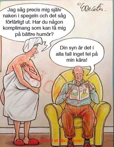 Kvinna i handduk tittar nedslaget i spegeln; man i fåtölj läser tidning och svarar med en komplimang.