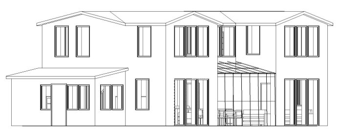 Arkitektonisk ritning av en utbyggnad på ett hus med flera fönster och en inglasad sektion.