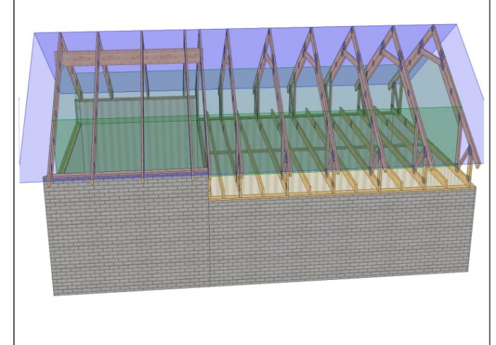 3D-modell av en stugkonstruktion med ramtakstolar, limträbalk och bärande innervägg.