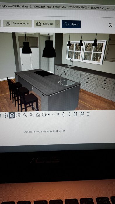Digital ritning av ett modernt kök med ö centralt och barstolar, vita skåp och fyra pendellampor.