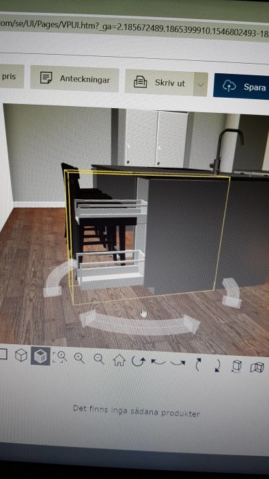 3D-modell av ett kök med svarta skåpluckor och träbänkskiva på en webbplattform.