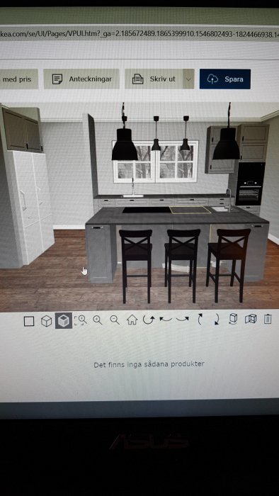 Datorgenererad bild av ett modernt kök med köksö och barstolar.