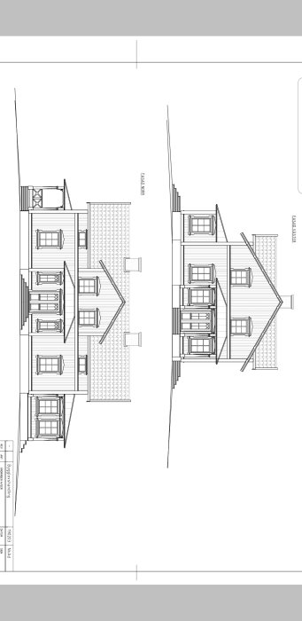 Arkitektonisk ritning av en tvåvåningsbyggnad med planlösning, inklusive rum och möblering.