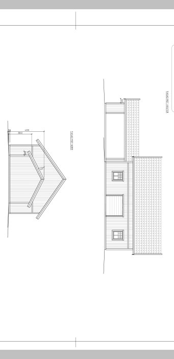 Arkitektritning av en planlösning med måttangivelser som inkluderar garage och bostadsdelar.