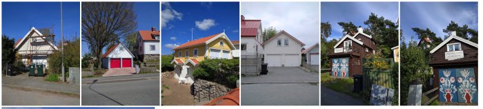 Montage av fem bilder med olika hus i ett bostadsområde under en klar himmel.