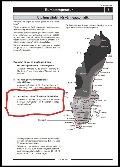 Sida ur manual med karta över Sverige som visar värmekurvor och markerad text om golvvärme.